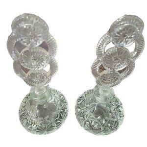 Lot 2 Clear Cut Glass Starburst Perfume Bottle 5.5in Tall Stopper Vtg Grannycore